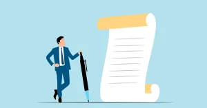 An illustration of a man in a business suit leaning on a large pen, beside a report document