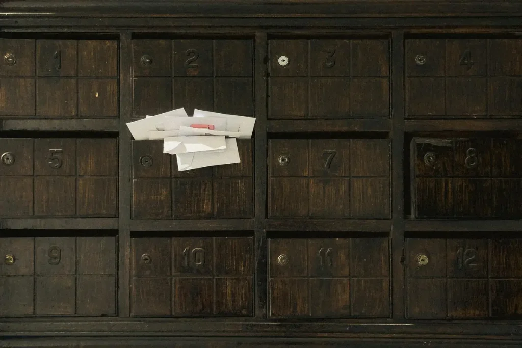 Photo of vintage wooden mailboxes.