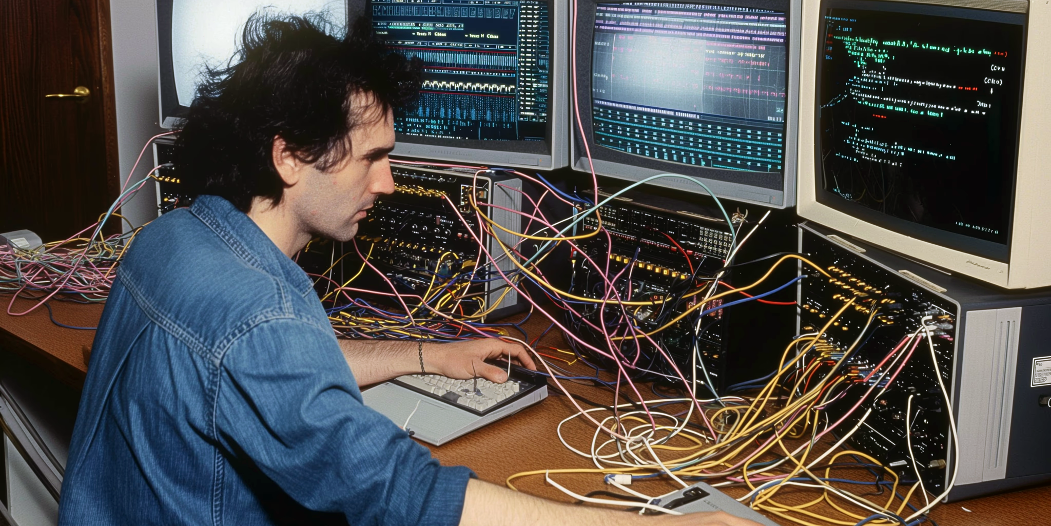 A man with long messy hair sits at a desk with several old monitors and computer stations connected with cables.
