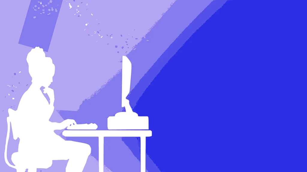 A silhouette of a woman at a computer on a desk.