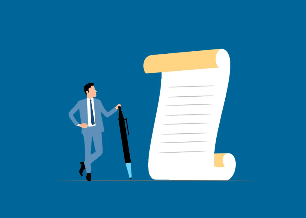 An illustration of a businessman standing beside an oversized pen and paper contract