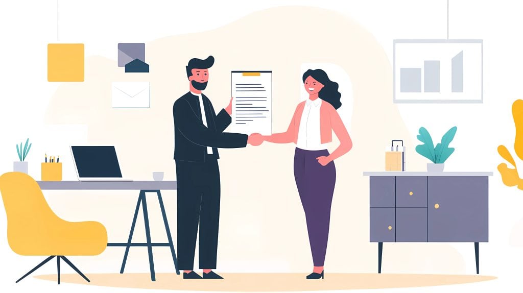 Illustration of two business people shaking hands while one holds up a contract.