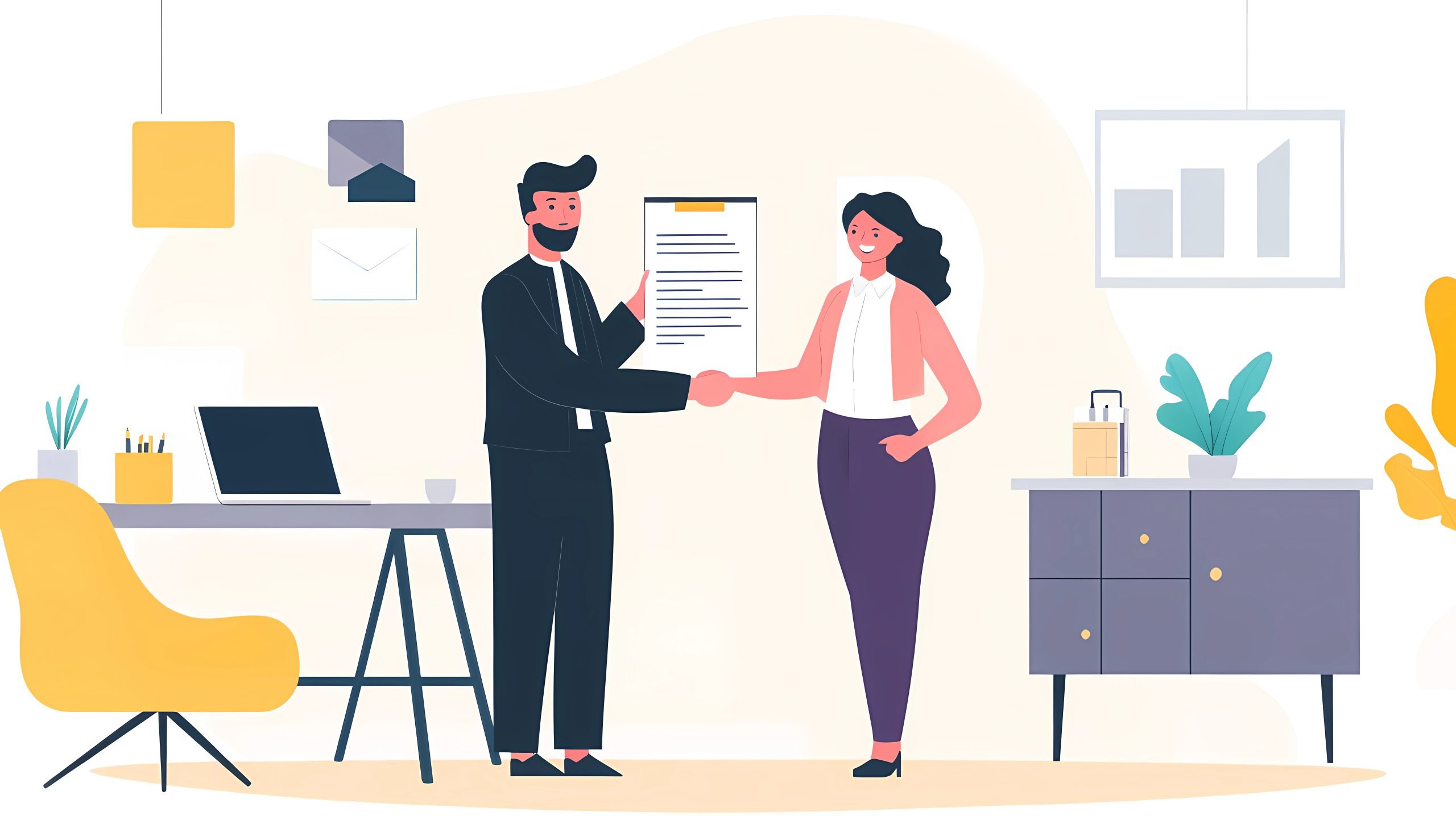 Illustration of two business people shaking hands while one holds up a contract.