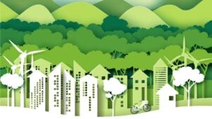 A creative illustration of tall buildings and wind turbines set in front of some green forests and mountains.