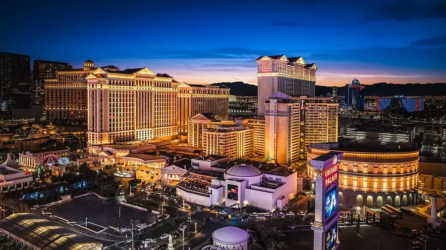 Las Vegas Strip at dusk with Caesars Palace