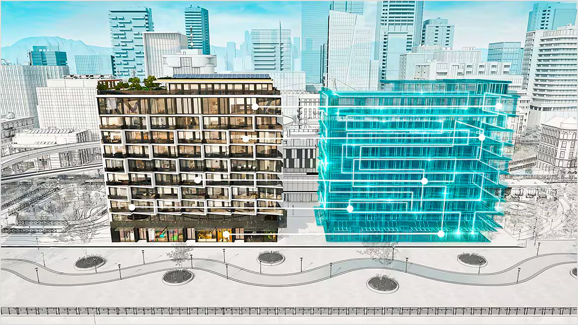 An illustration showing both a building and a digital representation of that same building side by side.