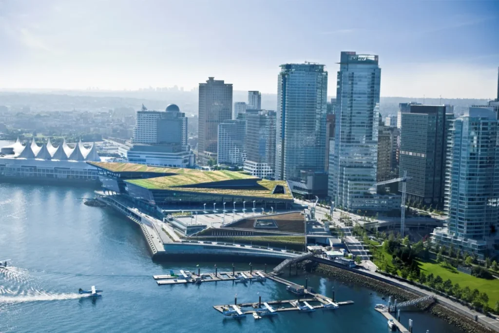 Vancouver waterfront skyline with convention center and marina