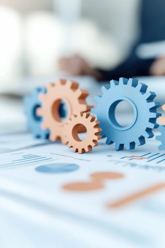 Pastel gears on business charts and documents