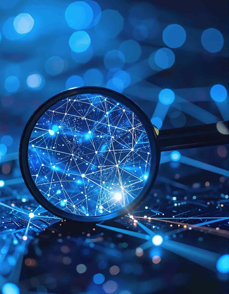 Magnifying glass over glowing digital network connections
