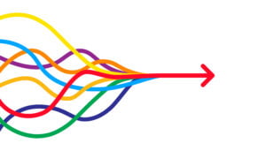 a series of multi-colored lines converge into one red arrow moving to the right