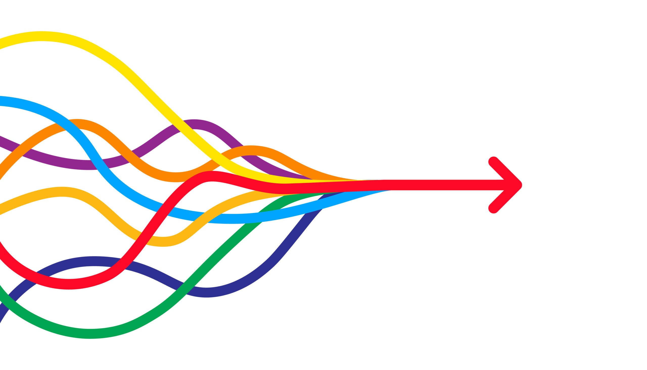 a series of multi-colored lines converge into one red arrow moving to the right