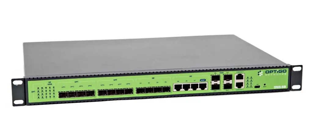 Rack-mounted Optigo network switch with multiple ports