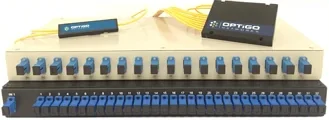 Fiber optic distribution panel with multiple blue connectors