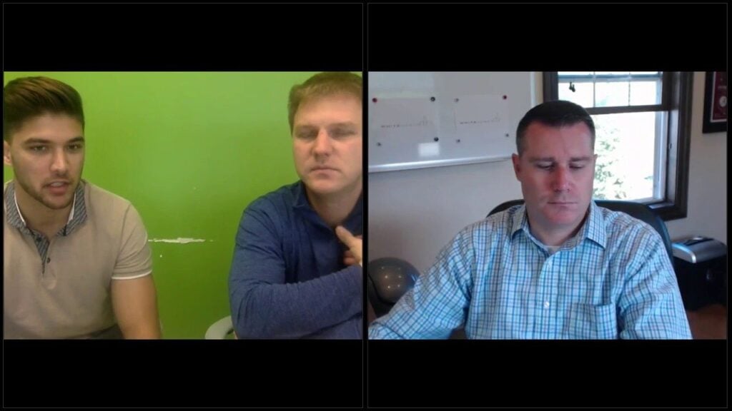 Split-screen video call with three men indoors