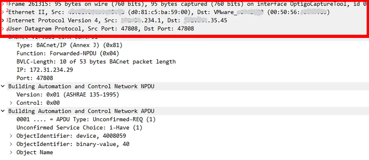 The first four lines highlighted above detail the basic network information of the devices communicating within this frame.