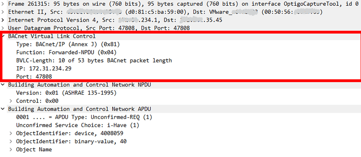A BACnet/IP frame with a red box highlighting the BVLC section of packet data