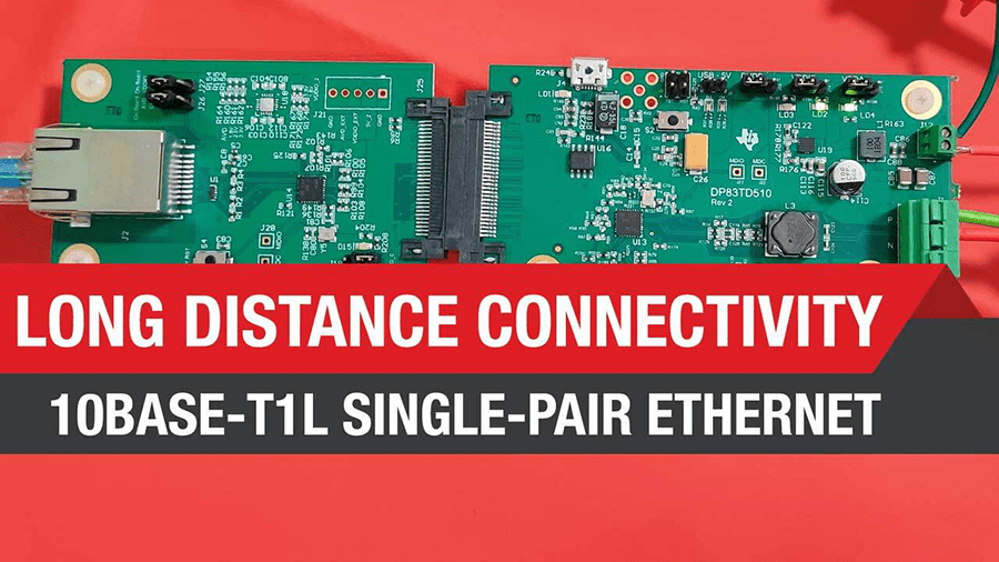 A photograph of a 10BASE-T1L Single Pair Ethernet PCB with the caption 