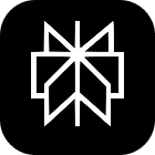 White geometric snowflake logo on black background