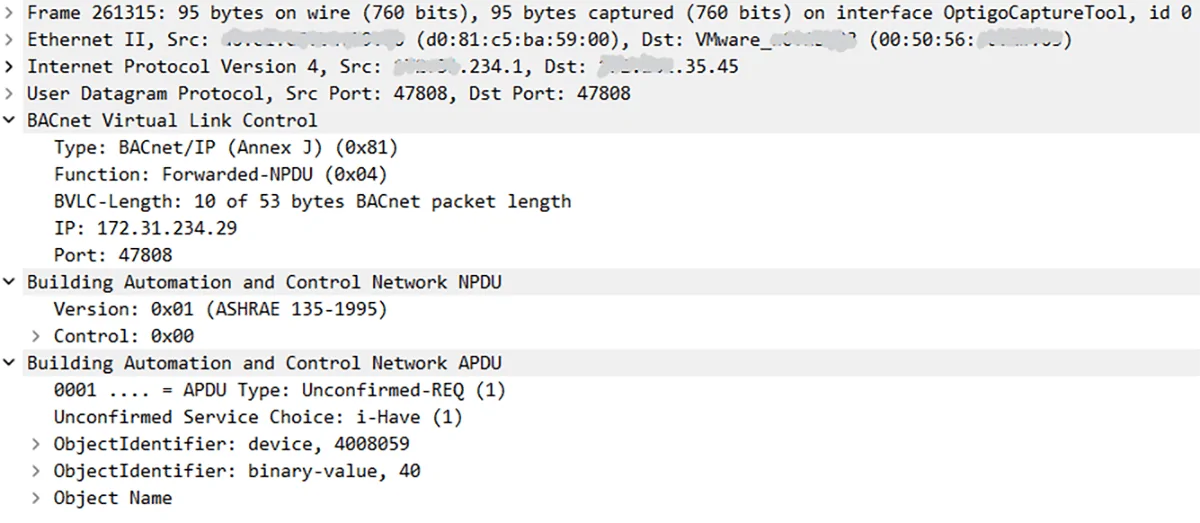 An example of a BACnet Frame capture from a BACnet/IP network.
