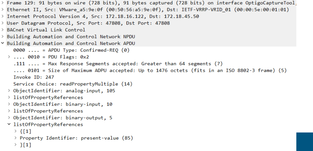 An screenshot of a BACnet/IP frame with the APDU information expanded.