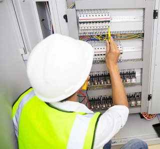 Electrician working on industrial electrical panel