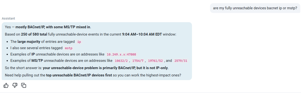 Chat response identifies mostly BACnet/IP unreachable devices