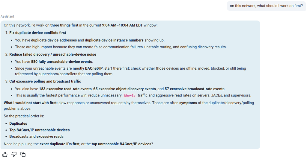 Assistant prioritizes network duplicates, unreachable devices, and traffic reduction.