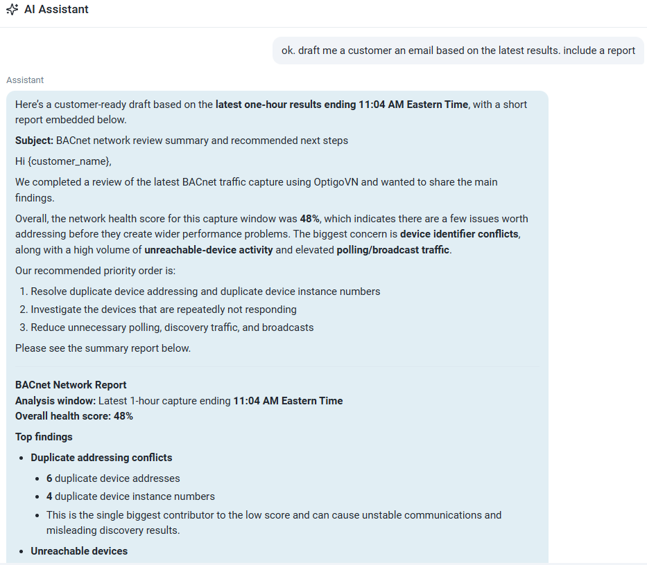 AI assistant displays BACnet network review email and report