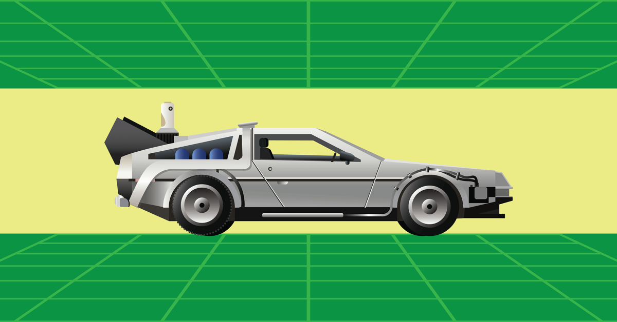 A vector-based drawing of a time travelling Delorian