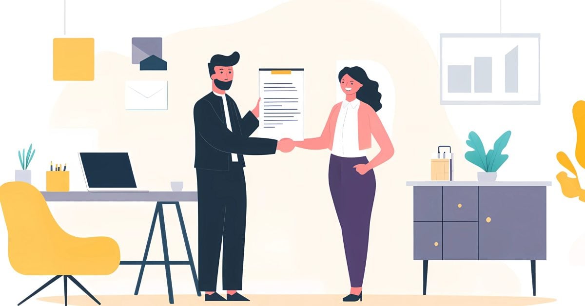 Illustration of two business people shaking hands while one holds up a contract.