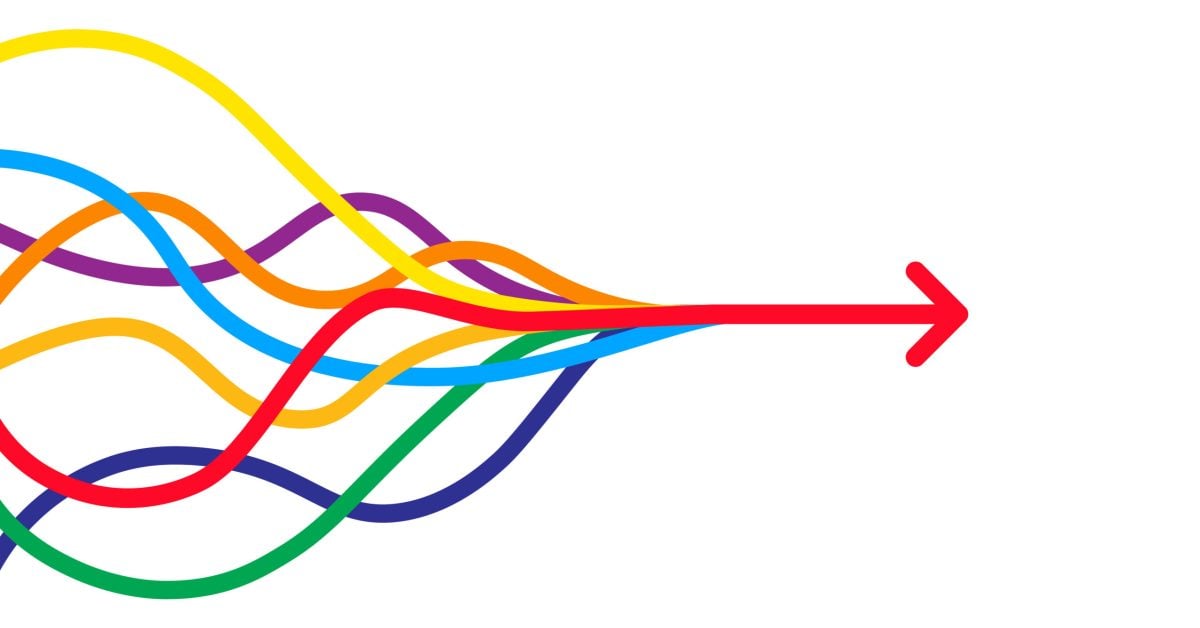 a series of multi-colored lines converge into one red arrow moving to the right