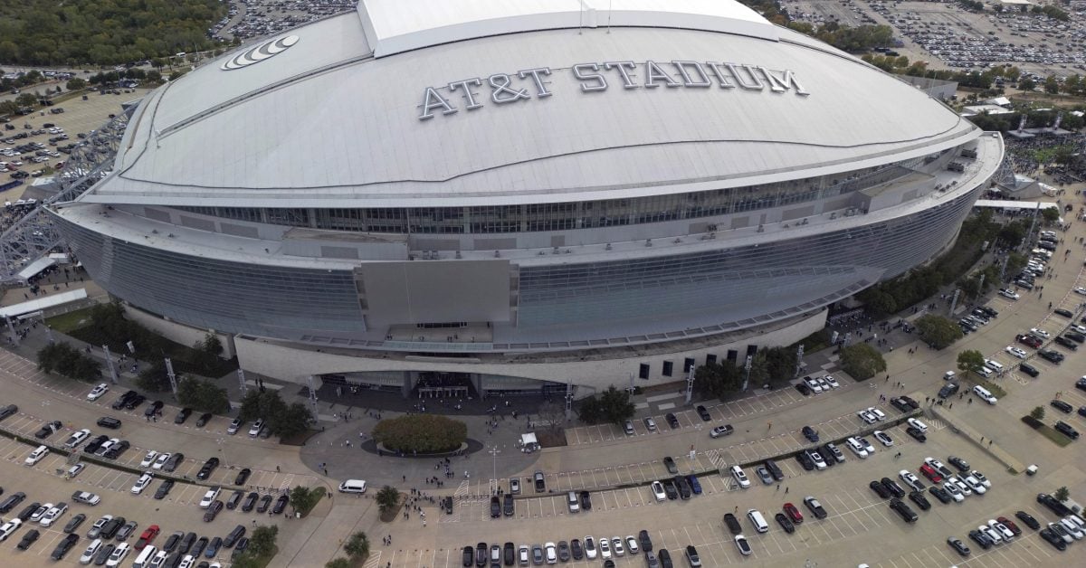 An overall aerial exterior general view of AT&T Stadium before an NFL football game between the Dallas Cowboys and the New York Giants, Sunday, Nov. 12, 2023, in Arlington, Texas. The 2026 World Cup final will be played at MetLife Stadium in East Rutherford, N.J., on July 19. FIFA made the announcement Sunday, Feb. 4, 2024, at a Miami television studio, allocating the opener of the 39-day tournament to Mexico City’s Estadio Azteca on June 11. Semifinals will be played on July 14 at AT&T Stadium in Arlington, Texas, and the following day at Mercedes Benz Stadium in Atlanta. (AP Photo/Tyler Kaufman)