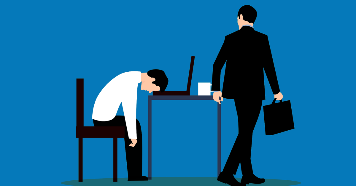 Common BACnet/IP issues. An office worker with his head down on his desk, while another man walking by looks at him. Vector illustration