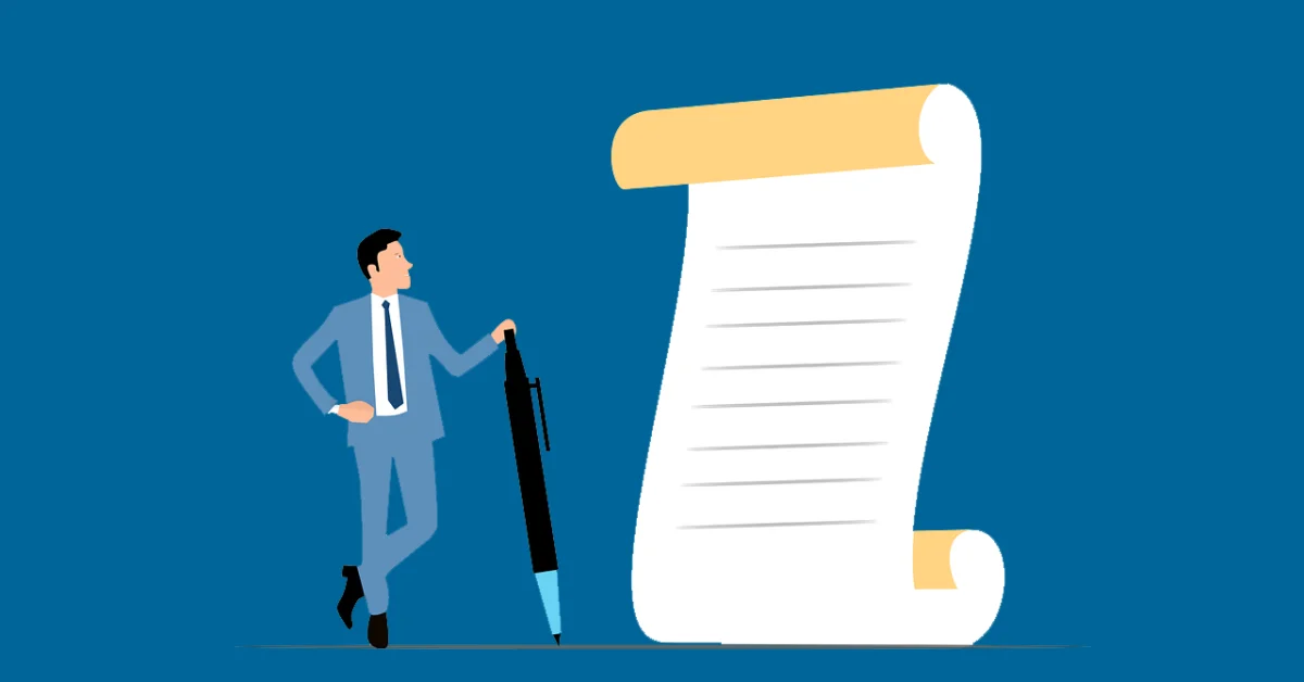 An illustration of a businessman standing beside an oversized pen and paper contract
