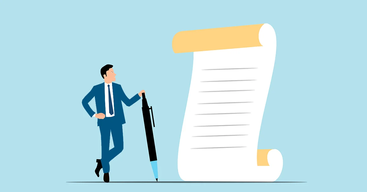 An illustration of a man in a business suit leaning on a large pen, beside a report document