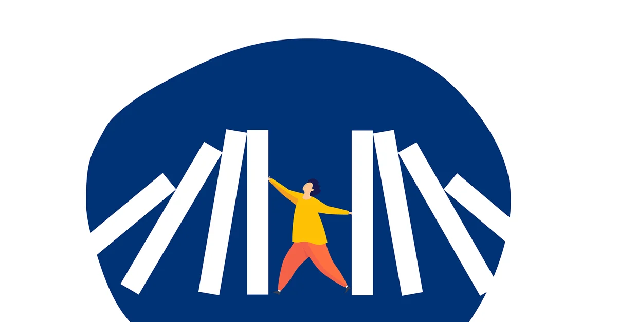 An illustration of a figure standing between two domino pieces that are tipping in, trying to hold them up.