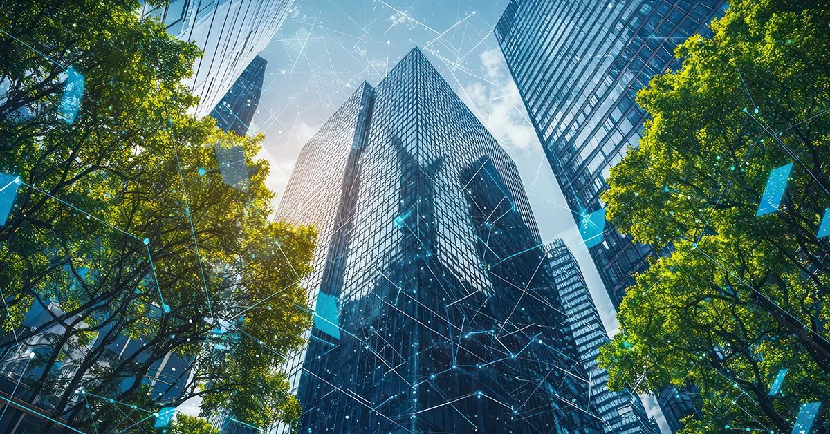 An AI-generated image of a skyscraper as seen through green trees on a sunny day. Network lines are overlayed to give a sense of connectivity