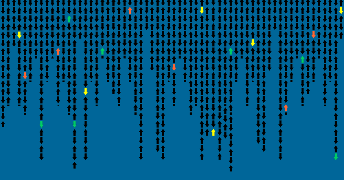 An illustration of a cascade of up and down facing arrows in different colors, on a blue background