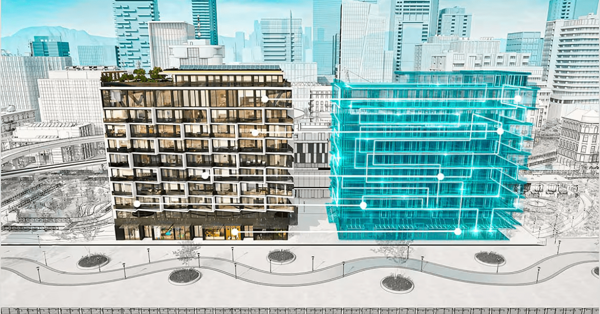 An illustration showing both a building and a digital representation of that same building side by side.