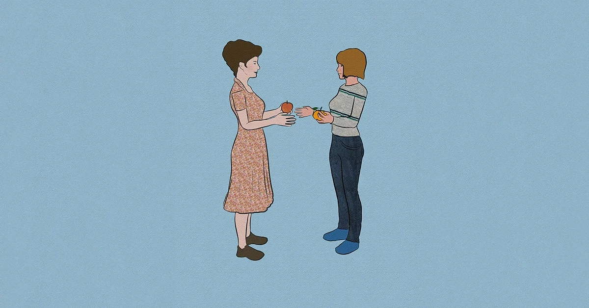 A drawing of two women exchanging apples against a light blue background